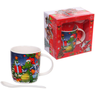 Кружка керамическая 370мл «Дракончик с подарком» с ложкой в подарочной коробке