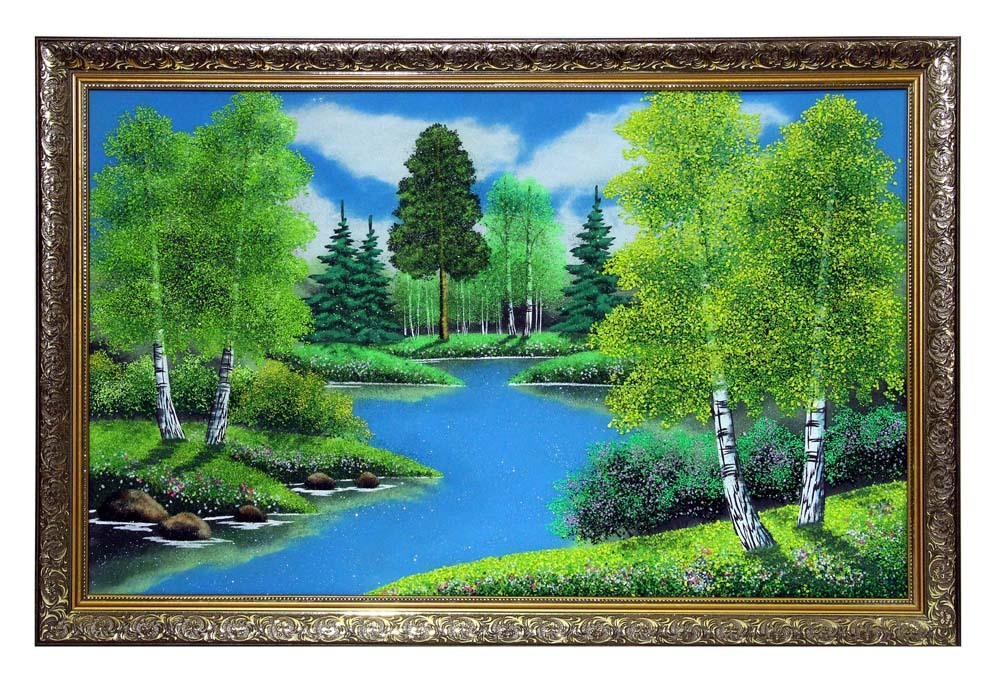 Картина№8 " Летний пейзаж" рисованная уральскими минералами в пластиковом багете585-885-20мм