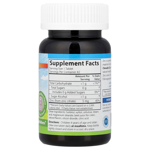 Carlson, Kid's Chewable Zinc, натуральная ягодная смесь, 5 мг, 42 таблетки
