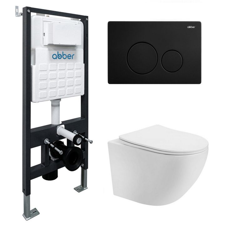 Комплект подвесной унитаз ABBER Bequem AC1100T белый с инсталляцией AC0105 и кнопкой AC0121MB черный матовый