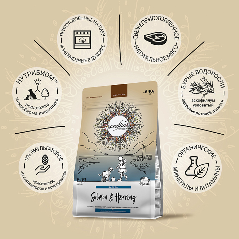 Сухой корм CRAFTIA NATURA для щенков средних и крупных пород из лосося и сельди 640 г