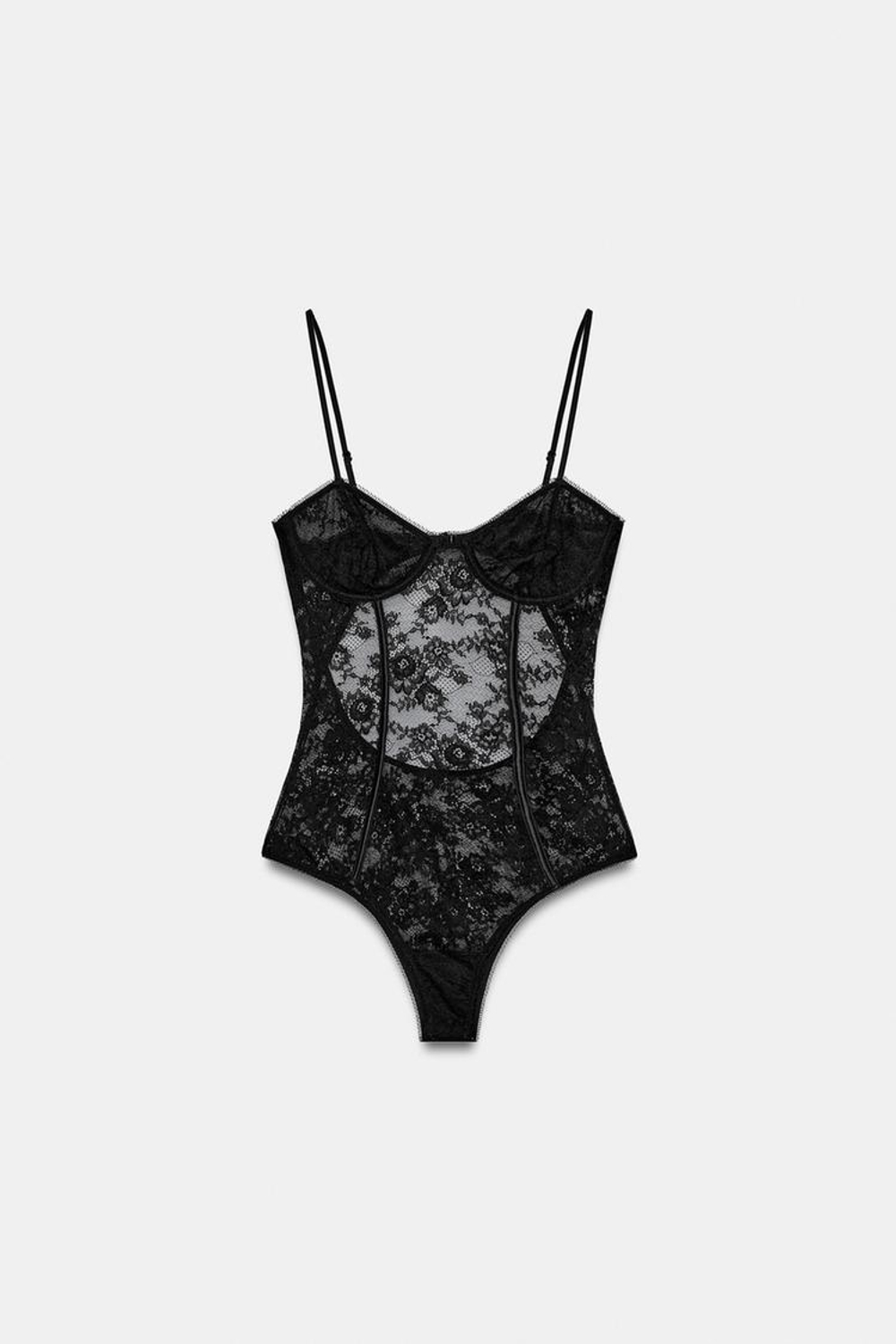 ZARA КРУЖЕВНОЕ БОДИ С ОТКРЫТОЙ СПИНОЙ, ЧЕРНЫЙ