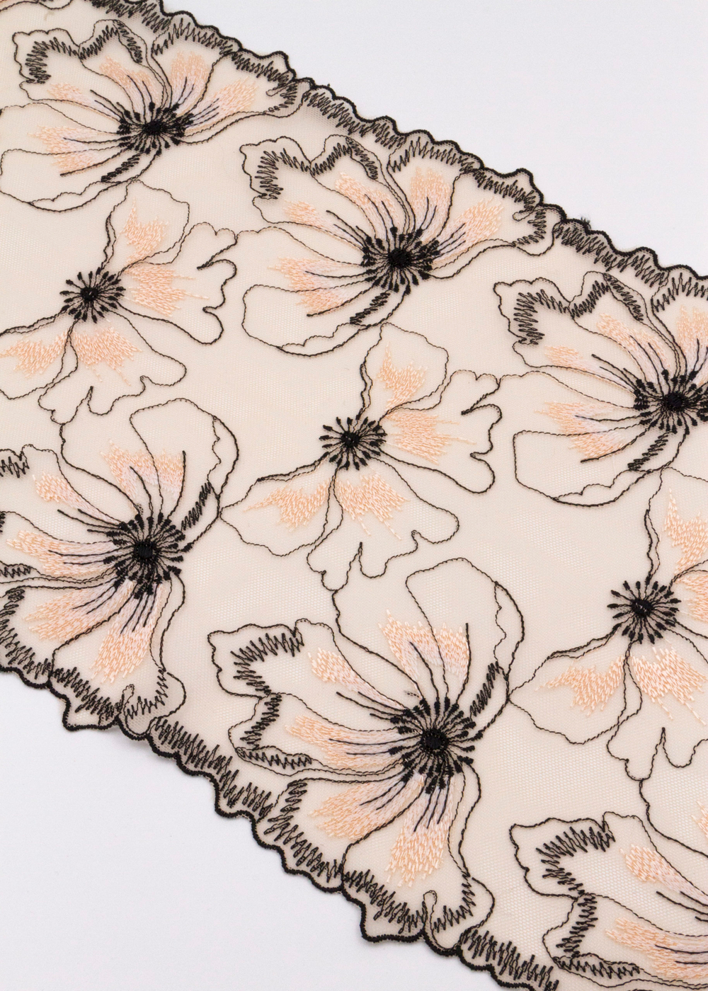 Вышивка на сетке бежевая с розовинкой с черным неэластичная ширина 24 см