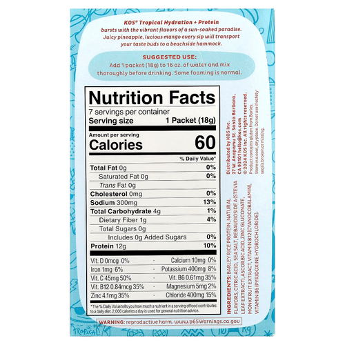 KOS, Hydration + Protein, освежающая смесь для напитков, тропические фрукты, 7 пакетиков по 18 г (0,65 унции)
