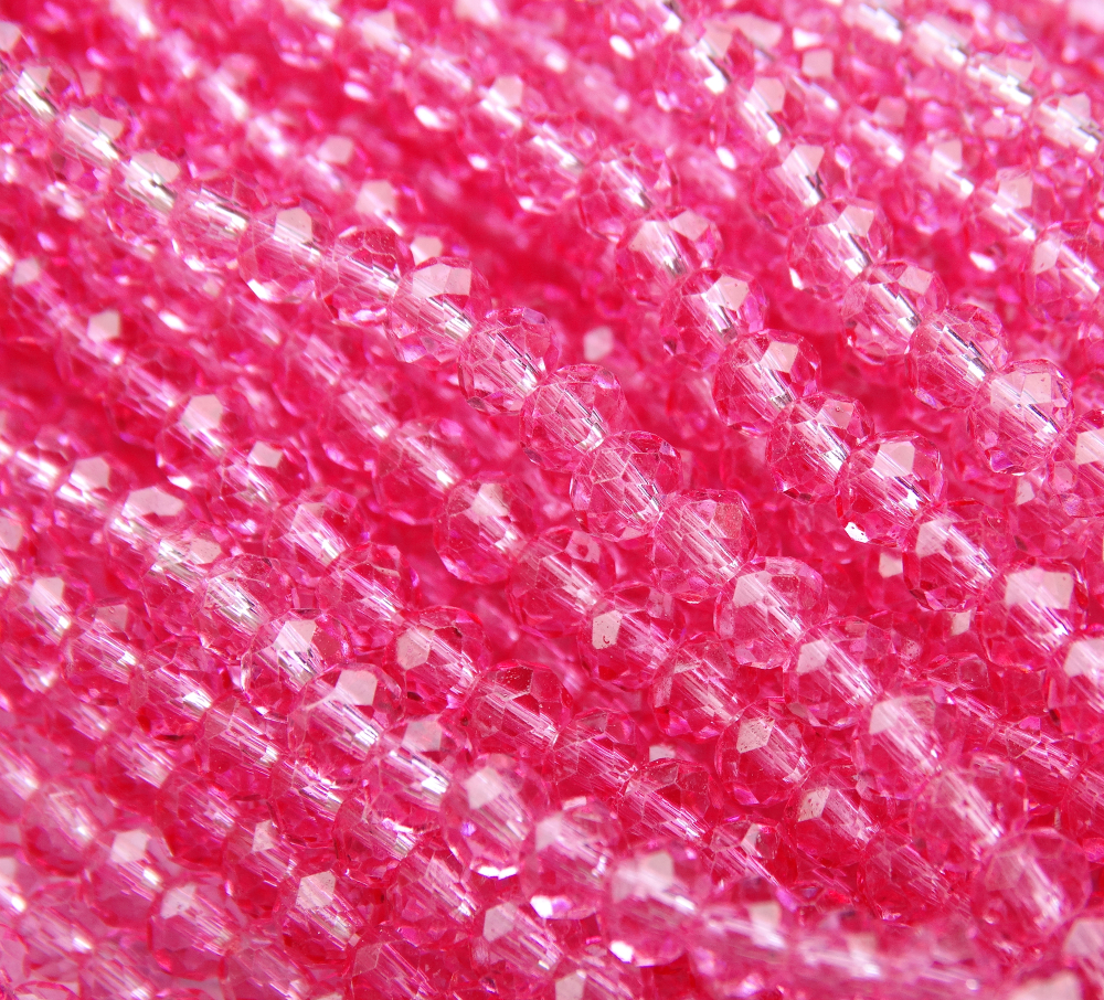 БП044НН34 Хрустальные бусины "рондель", цвет: арбузный розовый прозр., 3х4 мм, кол-во: 95-100 шт.