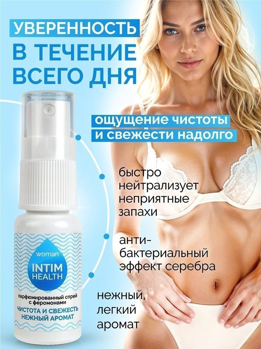 Парфюмированный спрей Intim Health для нижнего белья и тела - 15 мл.