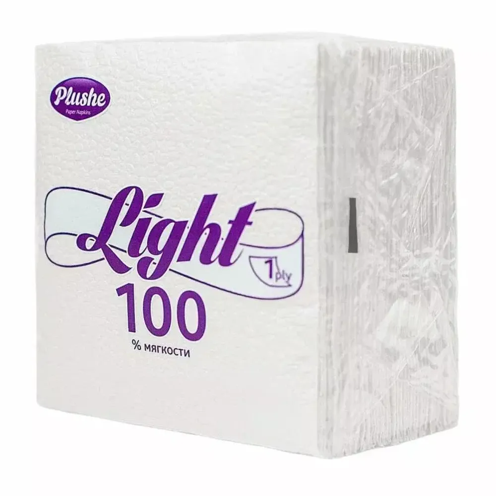Салфетки бумажные Plushe Light белые 1 слойные, 22,5*22,5  см, 90 штук
