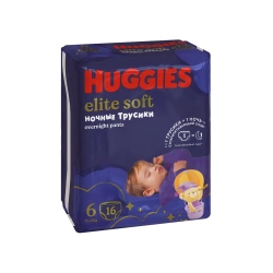 Ночные трусики-подгузники Huggies Элит Софт 6 (15–25 кг), 16 шт. Хаггис