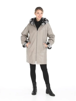 Женское пальто из натуральной кожи  с капюшоном двустороннее