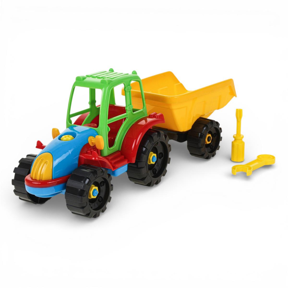Игрушка-конструктор пластмассовая "Трактор с прицепом", инструменты в комплекте