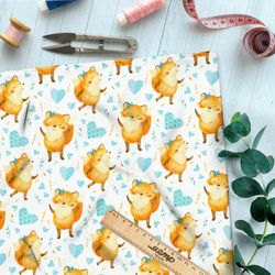 Ткань таффета танцующие лисички и голубые сердечки на белом фоне