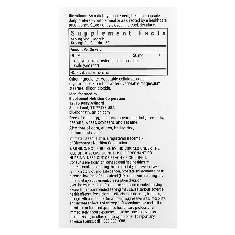 Bluebonnet Nutrition, Intimate Essentials®, ДГЭА, для мужчин и женщин, 50 мг, 60 растительных капсул