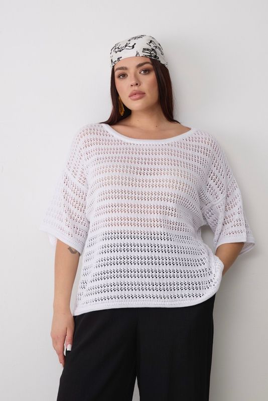 Футболка вязаная ажурная с вырезом "лодочка", белый