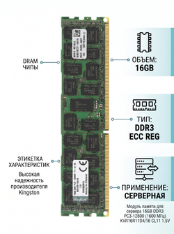 Оперативная память для сервера KVR16R11D4/16 DDR3 DIMM 16Гб 1600MHz ECC Registered 2Rx4 CL11, Kingston, OEM