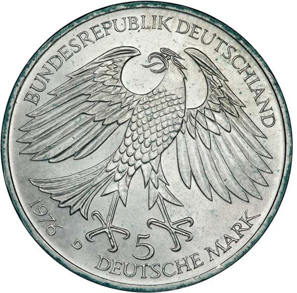 Germany, 5 Mark 1976 – Hans Jakob Christoffel von Grimmelshausen (Munich Mint - "D"), AU