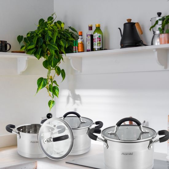Набор кастрюль 6 предметов из нержавеющей стали Kamille KM 5752 (2,0 л; 2,7 л; 3,7 л) с силиконовыми вставками на ручках