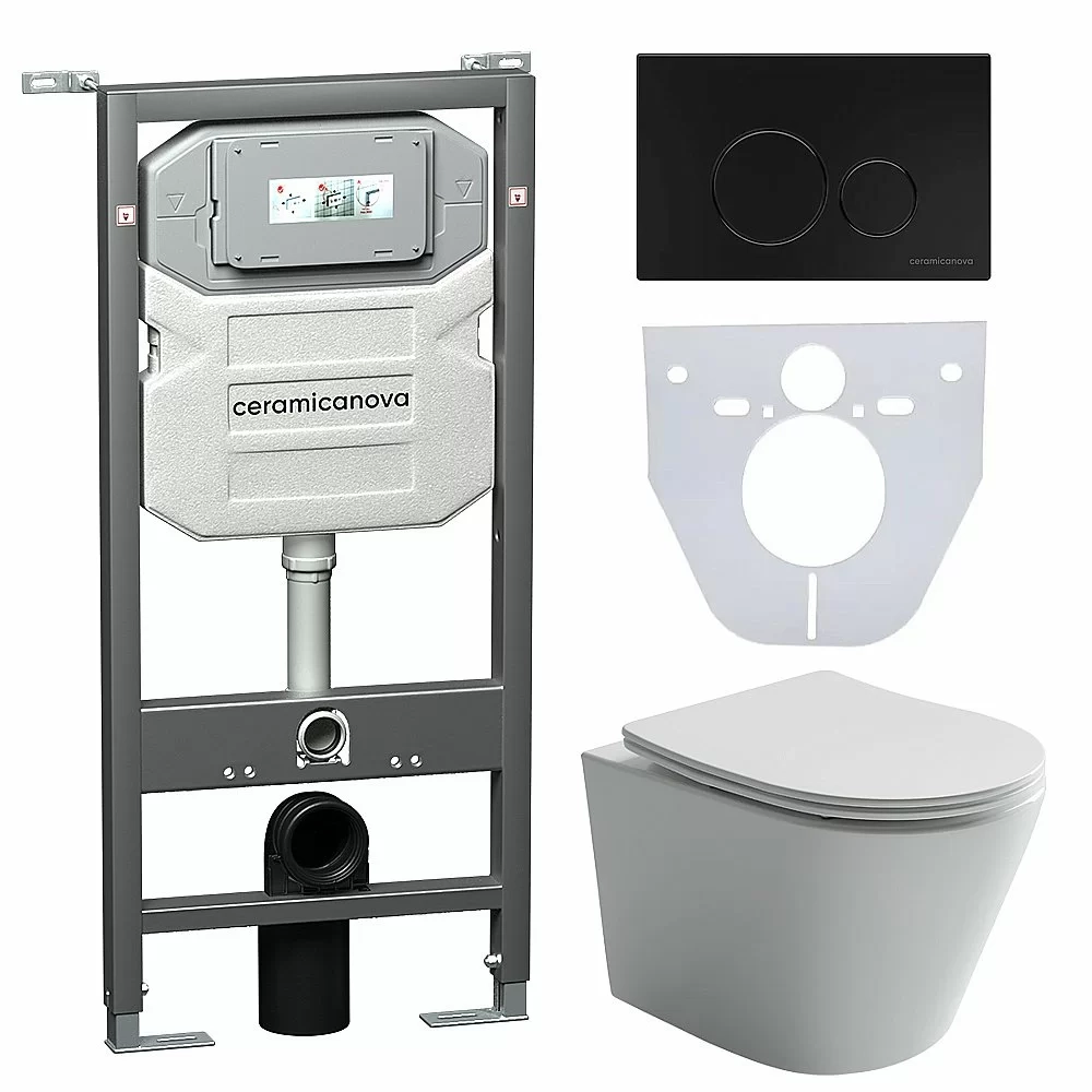 Унитаз подвесной Ceramica Nova Balearica CN6000_1001B_1000 безободковый, с крышкой микролифт, с инсталляцией и черной матовой кнопкой