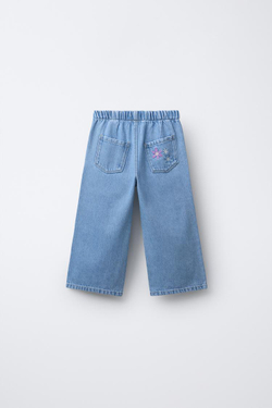 ZARA ДЖИНСЫ WIDE LEG С ВЫШИВКОЙ В ВИДЕ ЦВЕТОВ, СИНИЙ