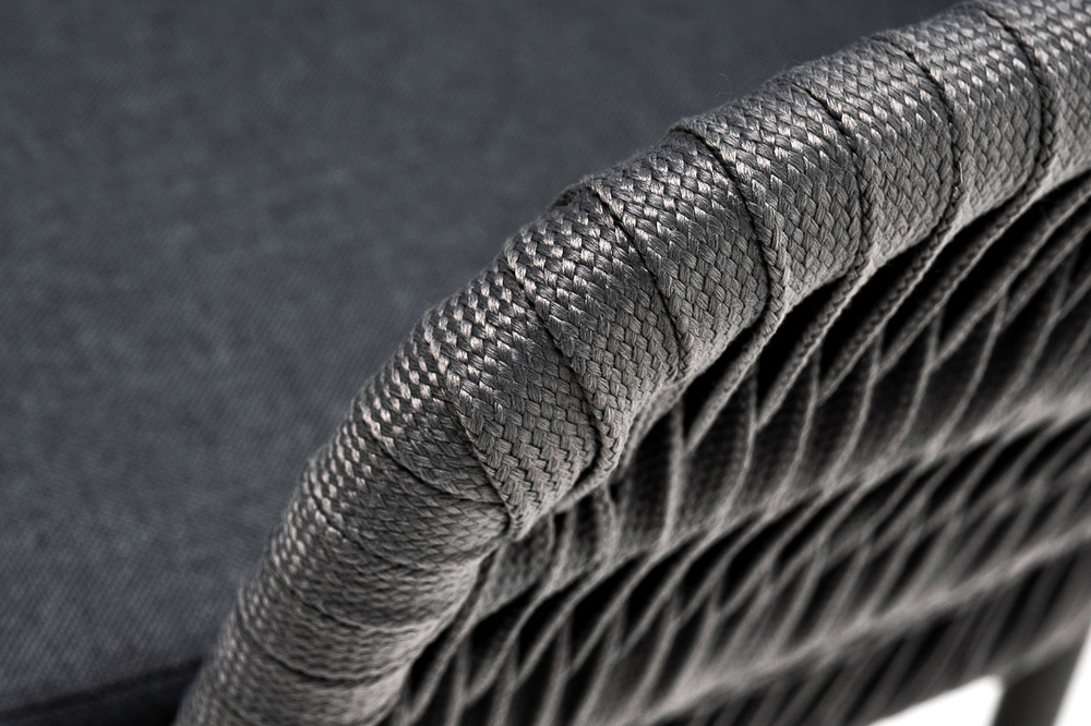 "Бордо" стул плетеный из роупа (колос), каркас алюминий серый (RAL7022) муар, роуп серый 15мм, ткань темно-серая 027