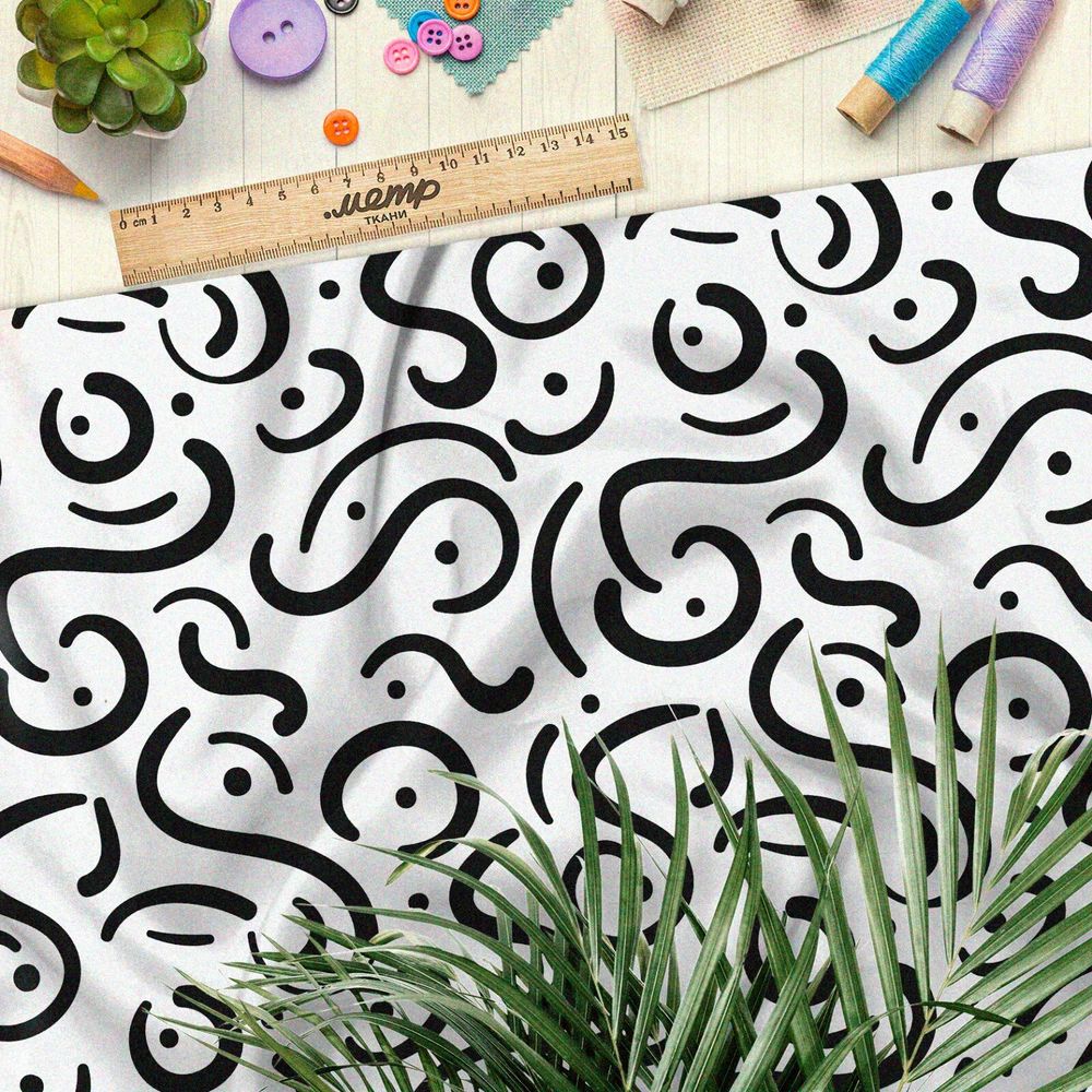 Ткань мембрана чёрные витиеватые  узоры на бежевом фоне