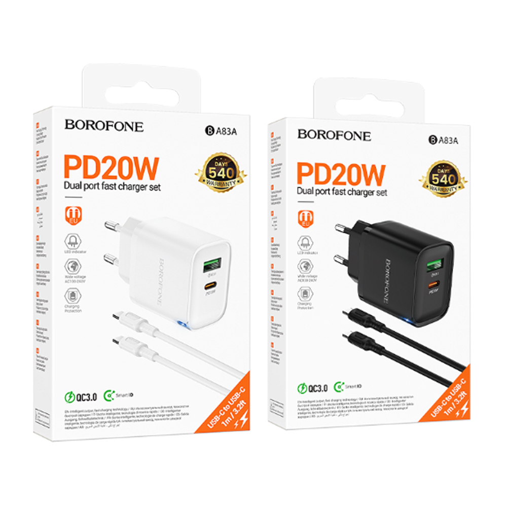 Сетевой адаптер питания BOROFONE BA83A PD 20W QC 3.0 + кабель Lighting-Type-C (белый)