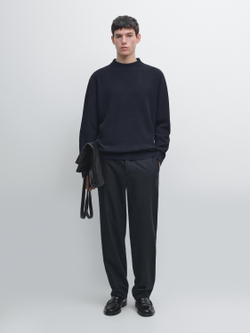 Massimo Dutti Свитер из смесового хлопка с высоким воротником, темно-синий