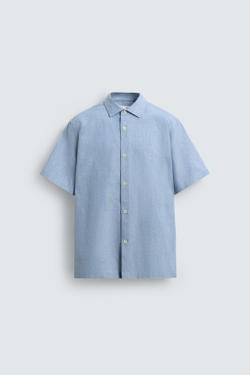 ZARA РУБАШКА ИЗ ЛЬНА И ХЛОПКА, ЛИНЯЛЫЙ ГОЛУБОЙ