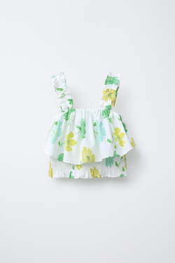ZARA ТОП ИЗ ТКАНИ С ЦВЕТОЧНЫМ ПРИНТОМ И ВОЛАНАМИ, ЭКРЮ/ЗЕЛЕНЫЙ