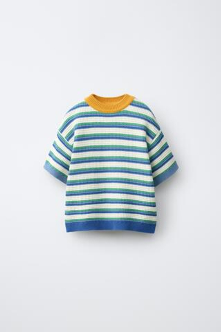 ZARA ТРИКОТАЖНАЯ ФУТБОЛКА В ПОЛОСКУ, ВОДЯНИСТО-ГОЛУБОЙ
