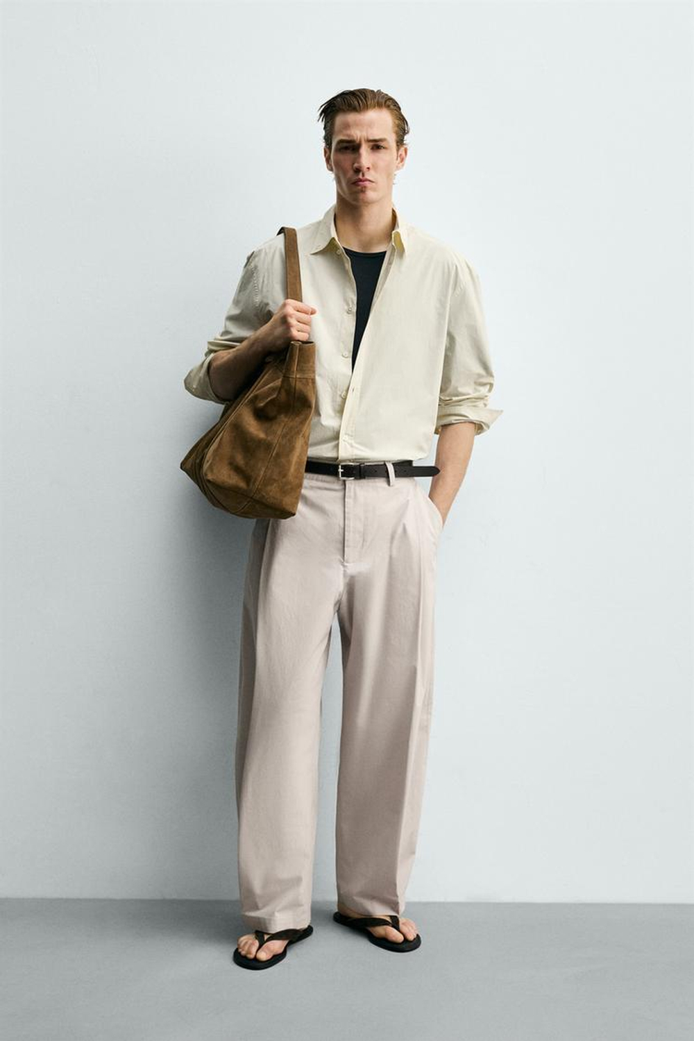 ZARA БРЮКИ STRAIGHT FIT ИЗ ПОПЛИНА СО СКЛАДКАМИ, ЖЕМЧУЖНЫЙ/БЕЖЕВЫЙ