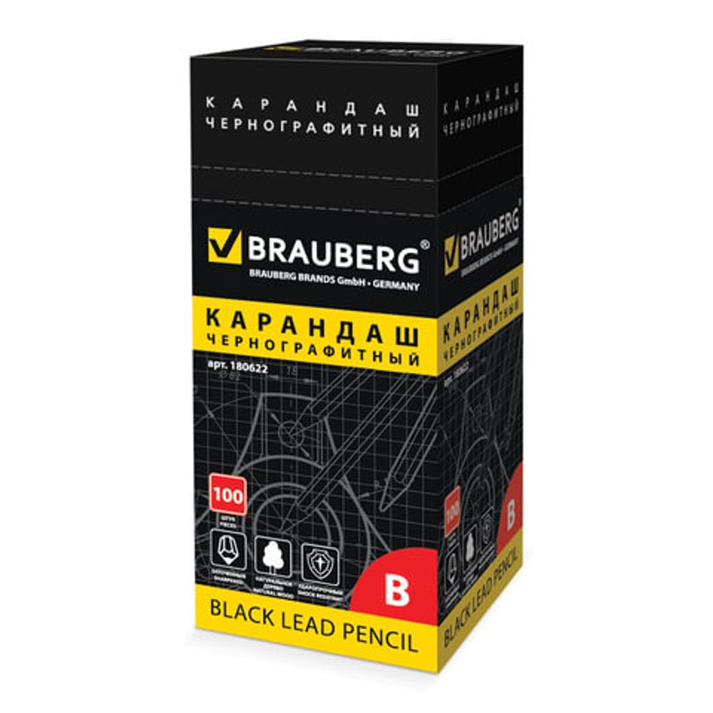 Карандаш чернографитный BRAUBERG, 1 шт., "Touch line", В, без резинки, корпус черный, заточенный, 180622