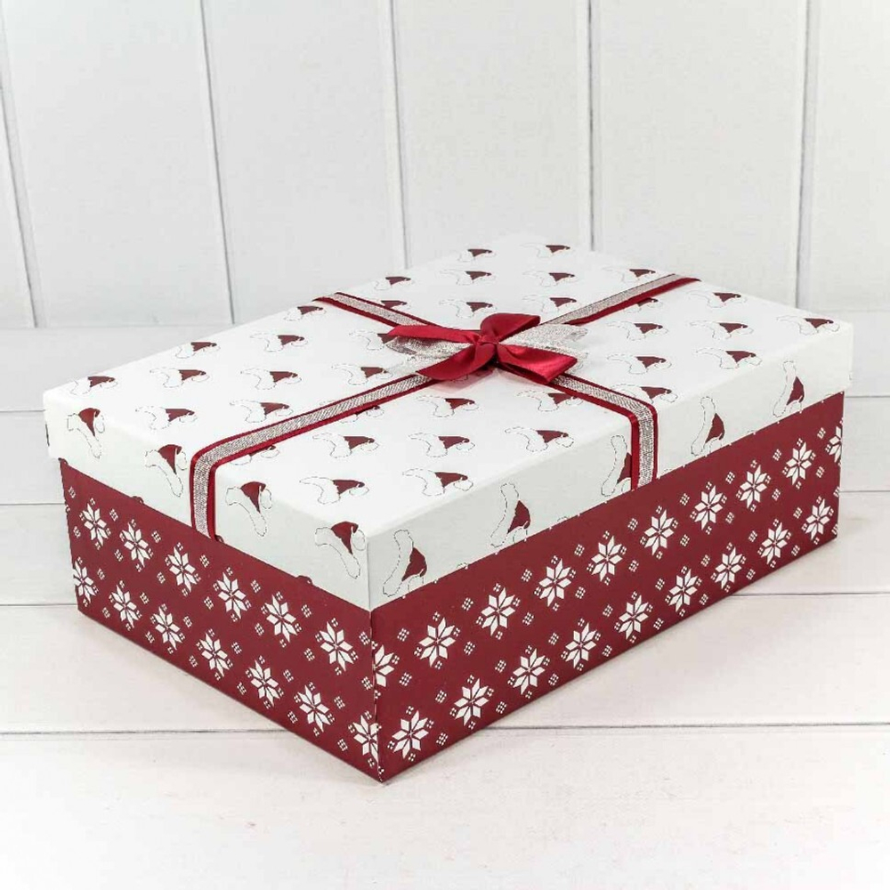 Коробка Прямоугольная Новогодние шапочки Белый/Красный 35*25*12