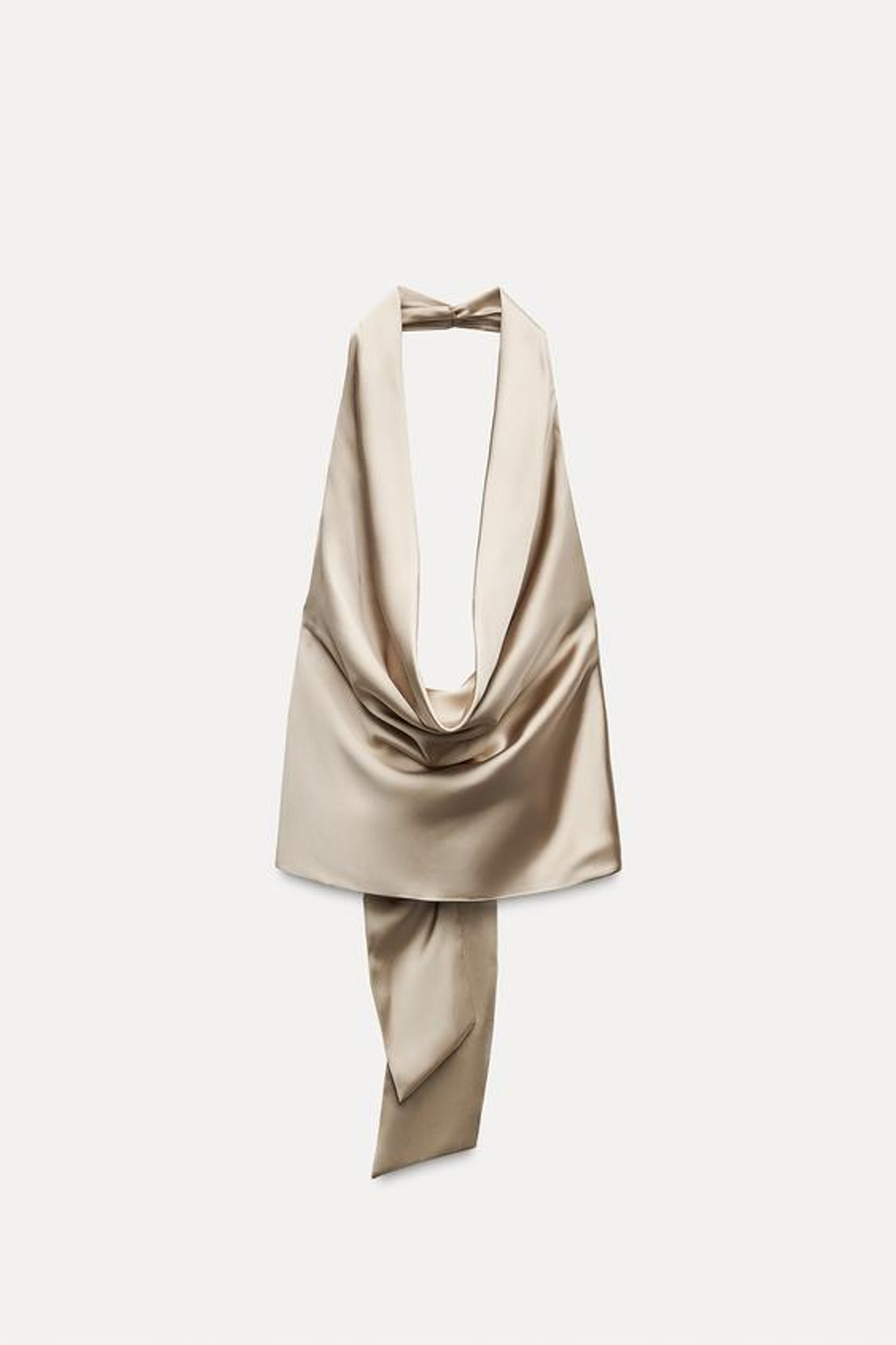 ZARA АТЛАСНЫЙ ТОП С ГОРЛОВИНОЙ ХАЛТЕР И СБОРКАМИ, СЕРЫЙ/БЕЖЕВЫЙ