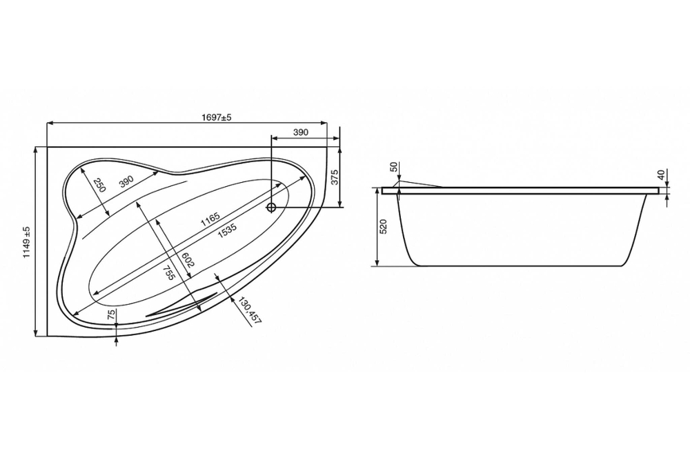 Купить Ванна акриловая Roca LUNA 170х115 ZRU9302911 асимметричная,  левосторонняя схема