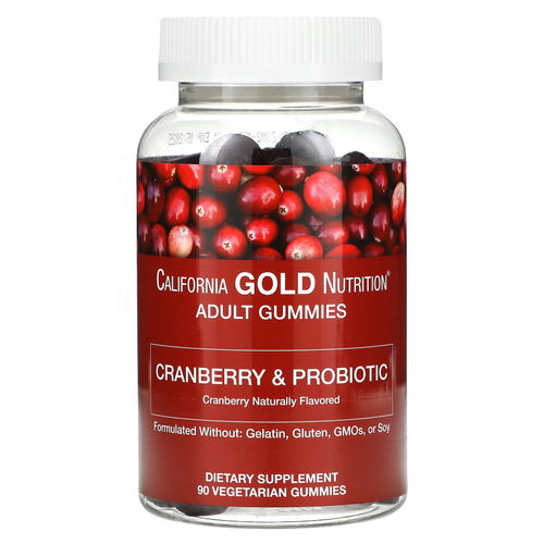 California Gold Nutrition, клюква и пробиотики в жевательных таблетках, с концентратом клюквы, фруктоолигосахаридами и бактериями бациллус коагуланс, с натуральным вкусом клюквы, 90 вегетарианских жевательных таблеток