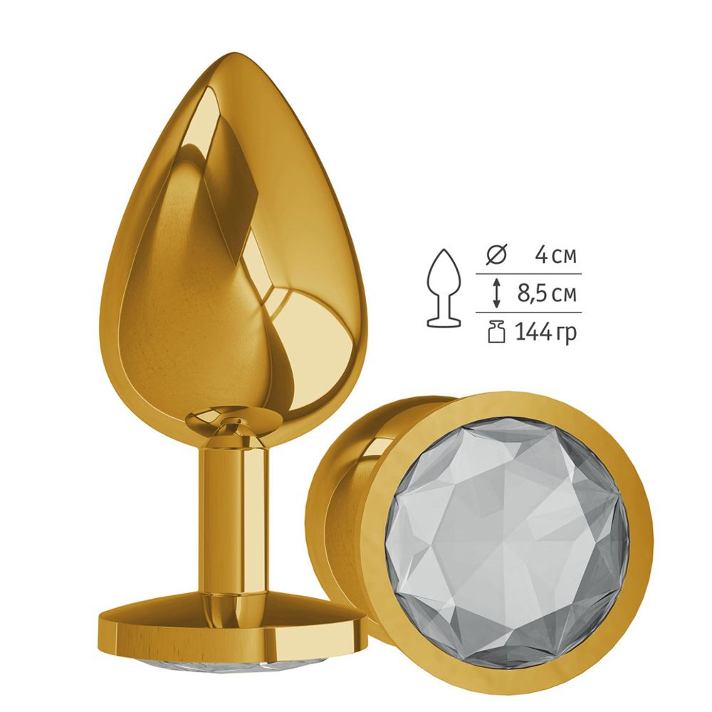 530-01 WHITE-DD / Анальная втулка Gold с прозрачным кристалом большая