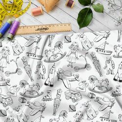 Ткань оксфорд 600 эскизы детских игрушек на бежевом фоне