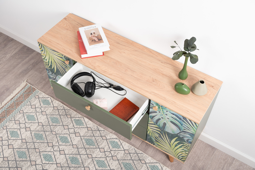 Маттиас Комод 16.245 Дымчатый Зеленый, Гикори Рокфорд Натуральный,Белый PE шагрень