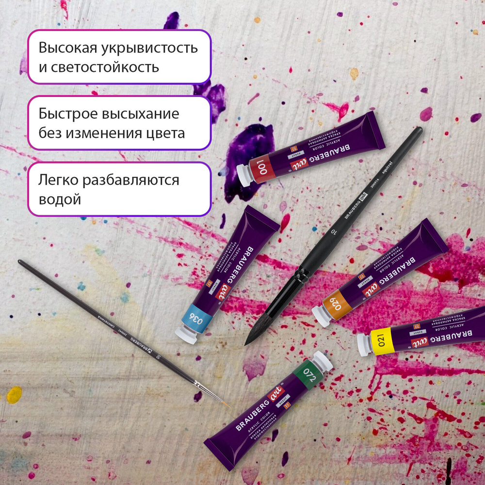 Краски акриловые художественные, НАБОР 12 штук по 22 мл, в тубах, BRAUBERG ART DEBUT, 192300