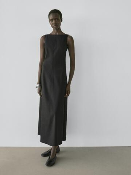 Massimo Dutti Длинное платье из струящейся смесовой льняной ткани, черный