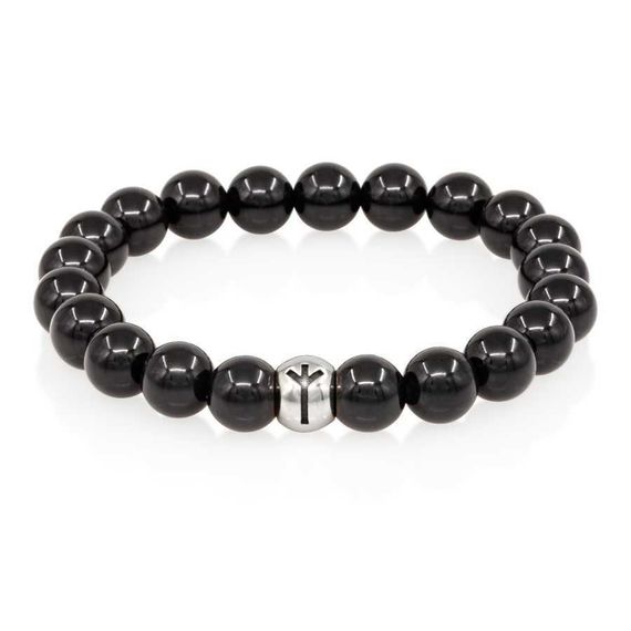 Браслет из натурального чёрного кварца с руной Альгиз из серебра 925 пробы - Защищённость