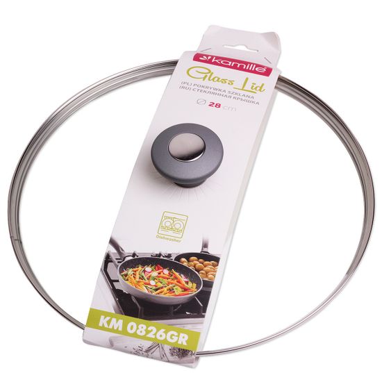 Крышка стеклянная 28 см. универсальная Kamille KM-0826GR с металлическим ободком