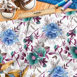 Ткань сатин крупные яркие цветы и сиреневые листья