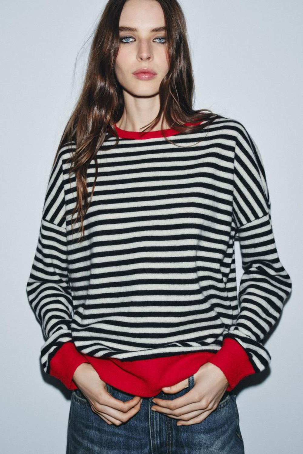 ZARA СВИТЕР ИЗ 100% ШЕРСТИ В ПОЛОСКУ, КРАСНЫЙ/ЧЕРНЫЙ