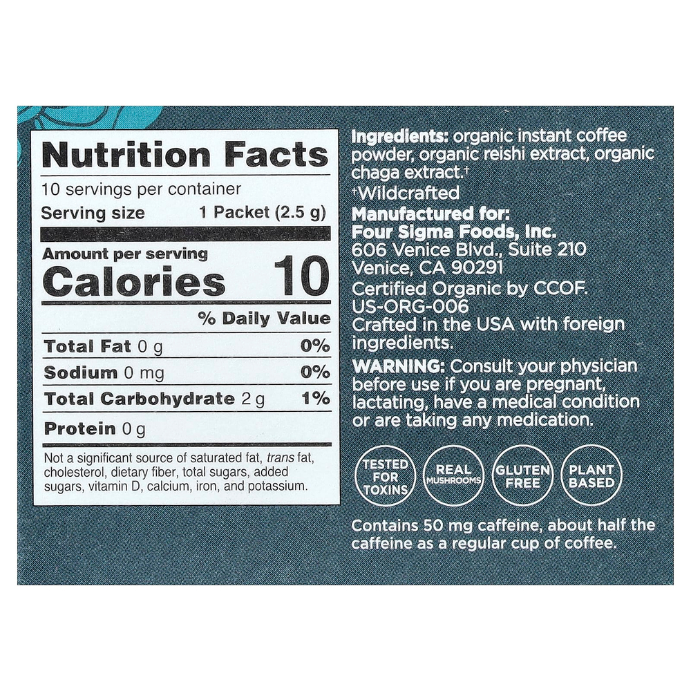 Four Sigmatic, растворимый органический кофе с грибами рейши и чага, успокаивающий, средней обжарки, 10 пакетиков по 2,5 г (0,09 унции)