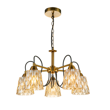 Подвесной светильник 5x40Вт E27, металл/стекло, бронза/янтарный