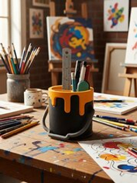 Карандашница "Ведро с краской", 9 см высота, 3D печать, черная с оранжевым
