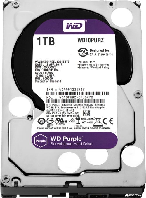 Внутренний HDD 3.5" Western Digital Purple PURZ, 1Тб, SATA3, Bulk, Чтение:110мб/с, Запись:110мб/с, 5400об/мин, Буфер:64Мб (WD10PURZ)