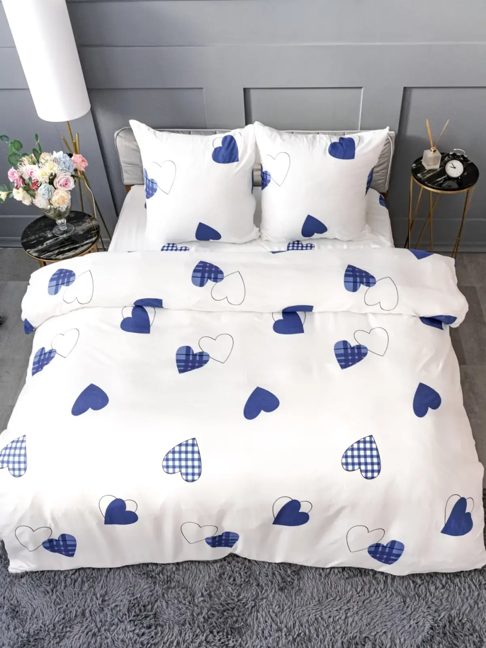 Постельное белье Евро полисатин Павлайн Синие сердца на белом 251/1