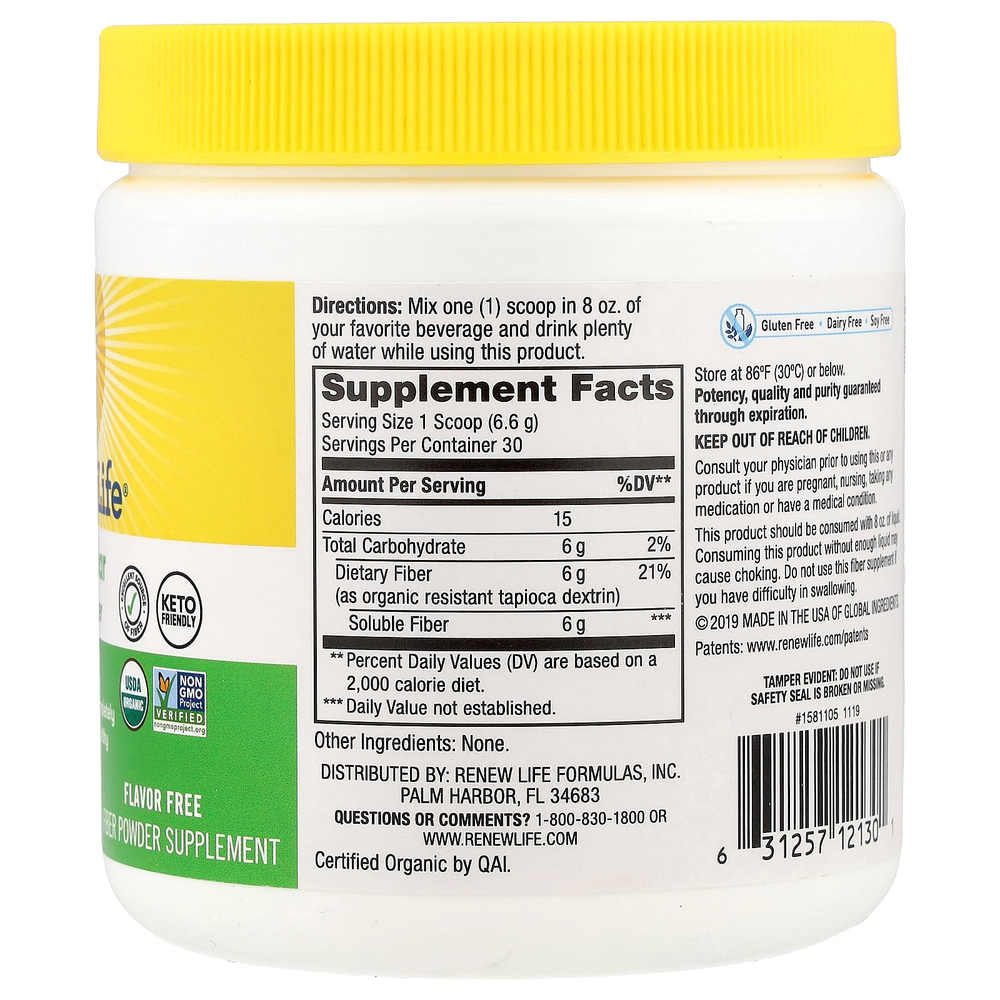 Renew Life, полностью чистая органическая пребиотическая клетчатка, без ароматизаторов, 198 г (7 унций)